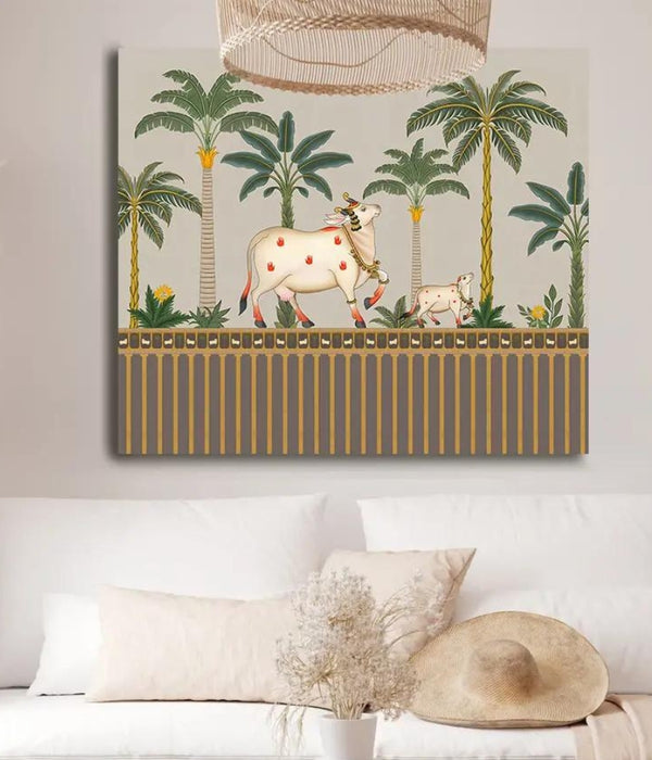 Coconut Tree Background Pichwai Cow Painting