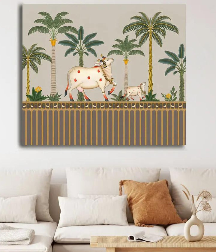 Coconut Tree Background Pichwai Cow Painting