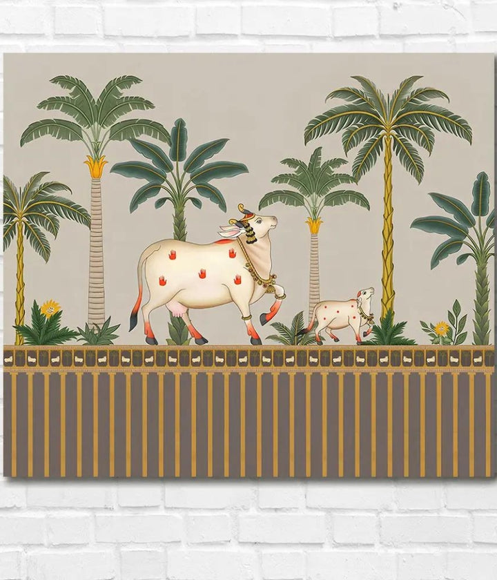 Coconut Tree Background Pichwai Cow Painting