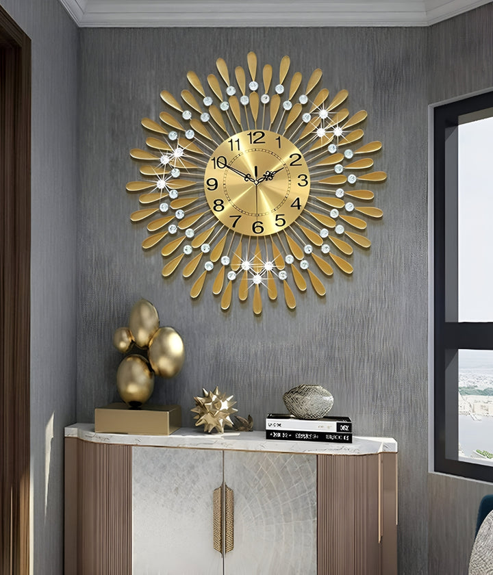 Crystal Sun Modern Wall Clock – Gold