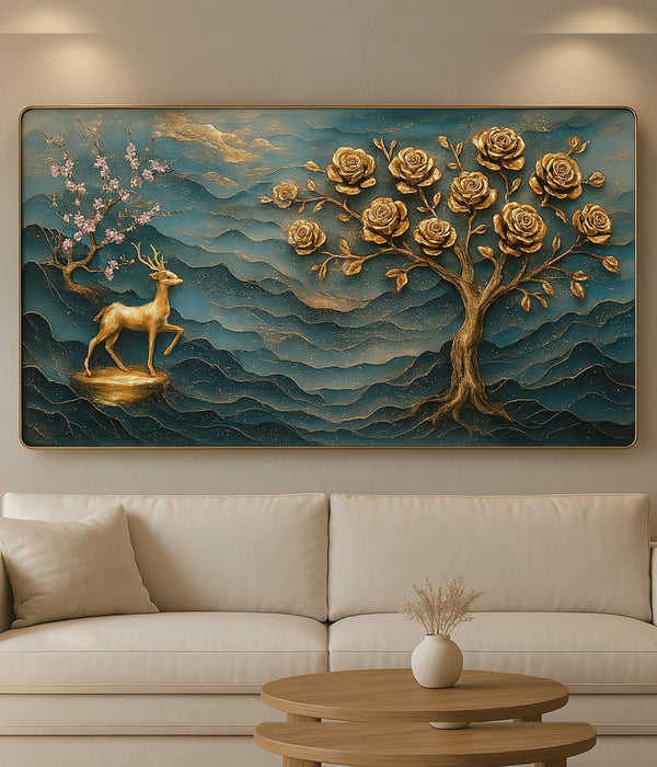 Golden Deer and Tree Crystal Painting