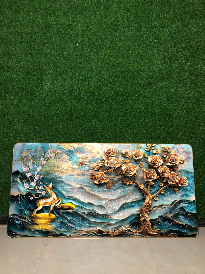 Golden Deer and Tree Crystal Painting