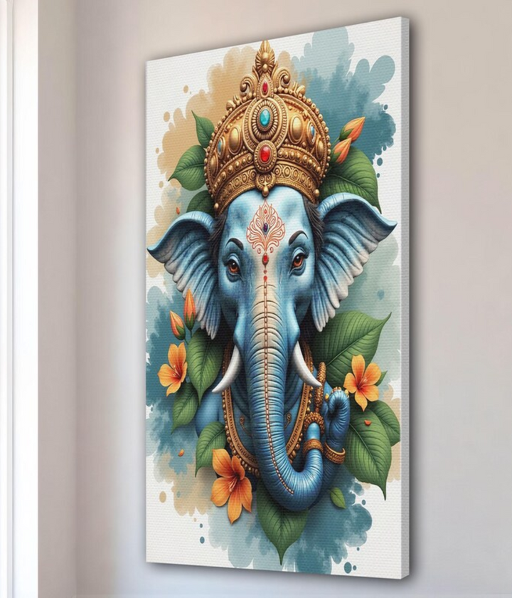 Royal Blue Lord Ganesha Floral Wall Art Canvas
