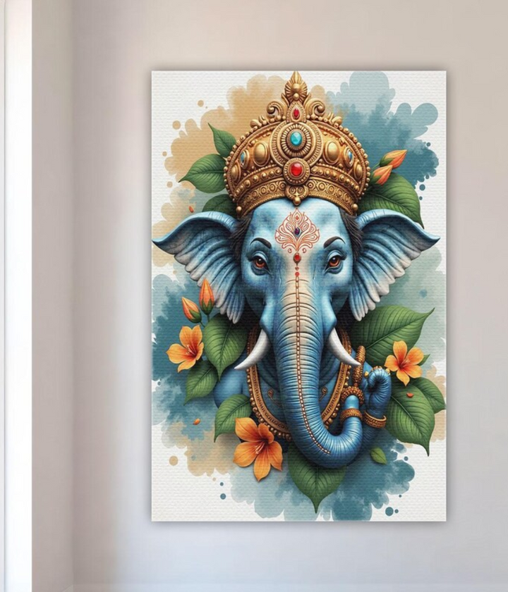 Royal Blue Lord Ganesha Floral Wall Art Canvas